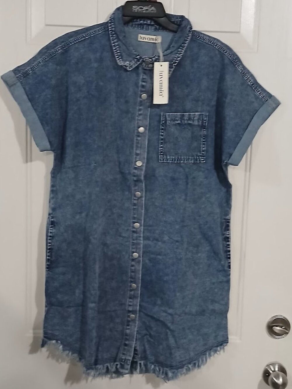 luvamia Acid Wash Blue Jean Denim Dress Size L Fringe Distressed Raw Hem Causal